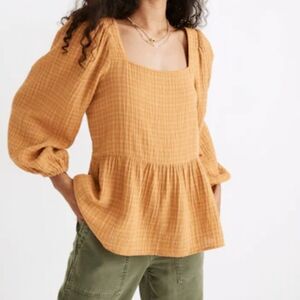 Madewell Lightspun Millbrook Puff-Sleeve Peplum Top golden-orange color XL